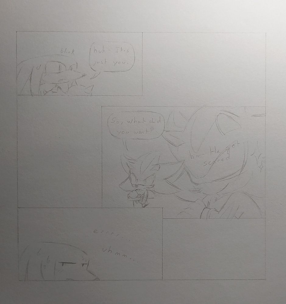 The page from part 3 where Shadow is proud to have scared Knuckles. All the silly ants scenes behind the panels didn't exist yet because it's an idea I got later.