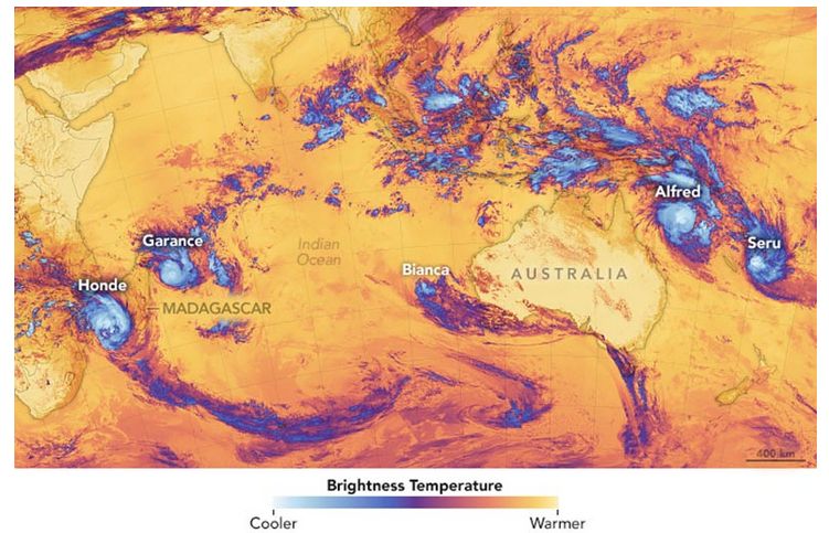 Feb 26 2025 NOAA-20 satellite’s VIIRS captures 5 cyclones in the Indian and Pacific Oceans