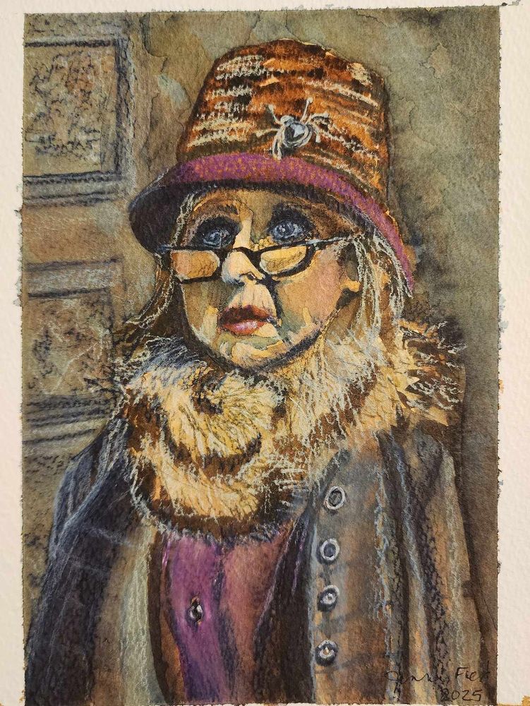 A watercolor painting of a woman with glasses on the tip of her nose wearing a hat with a spider broach on it, a fur wrap, and a gray and dark blue plaid jacket over a purple blouse.