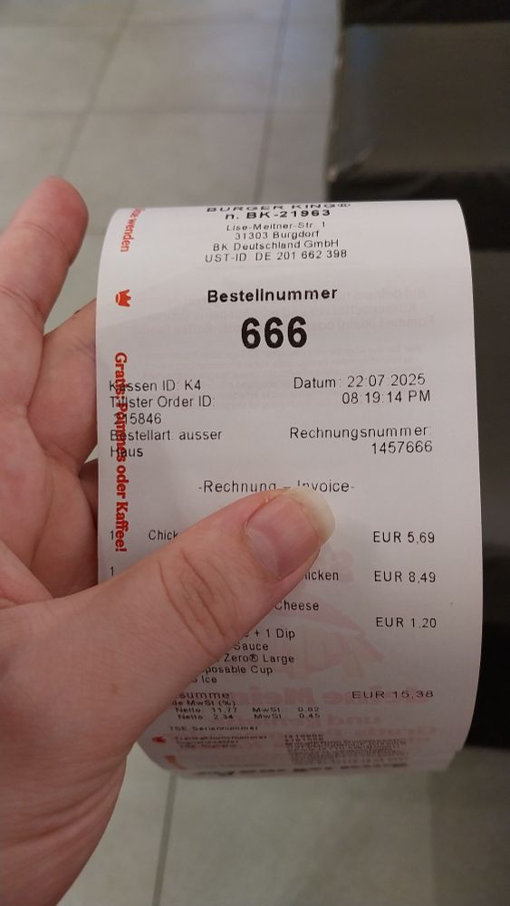 Receipt with 666 on it
