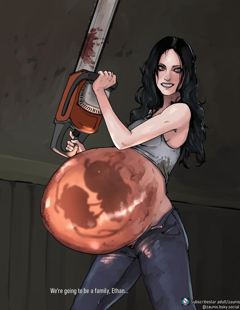 Pregnant Mia from Resident Evil 7 with a glowing belly and two visible monster fetus, holding a bloody chainsaw and saying, "We're going to be a family, Ethan...'

Body Horror and Blood Content Warning 