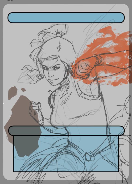 Work in progress of a proxy MTG card with Korra punching with fire and earth