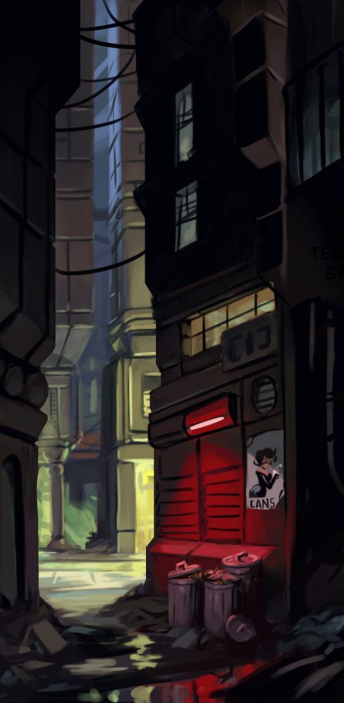 Back alley in the Mezzode (Cyborg) district of Nephilopolis, from Dark Science #111