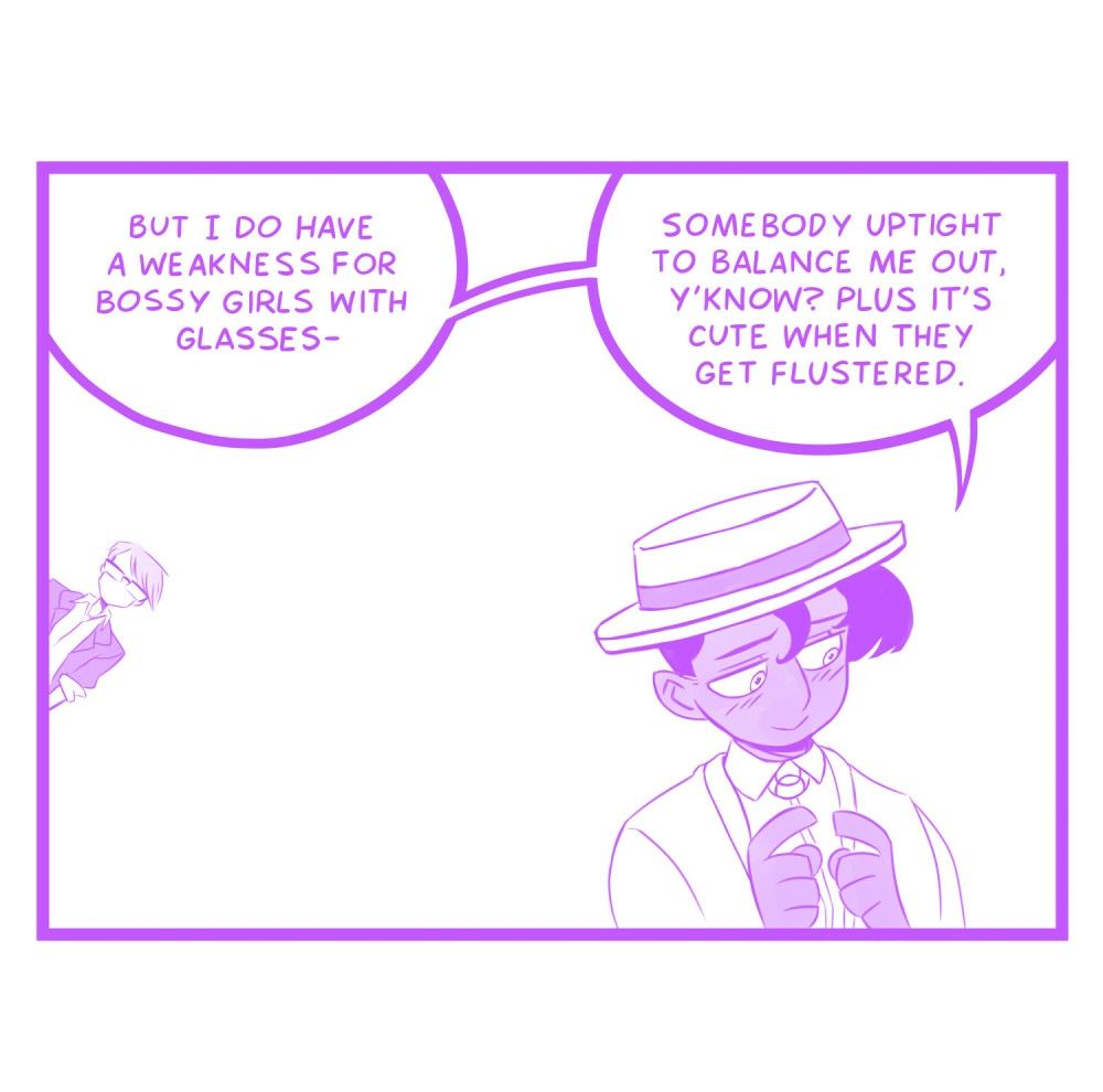Elith: "But I do have a weakness for bossy girls with glasses- somebody uptight to balance me out, y'know? Plus it's cute when they get flustered."