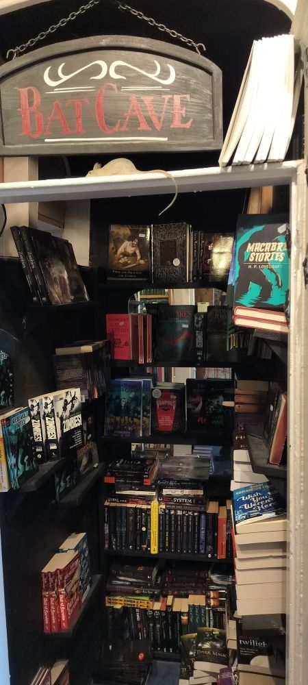 An alcove in a bookshop, about the width of a door - and the depth of a cupboard with bookshelves on all sides. Books with titles like "Zombies" and "Macabre Stories" fill the space. A sign hangs from the top saying "BatCave" in red. There is a model of a mouse running along the top. A copy of Gabby's book is visible on one of the shelves on the right.