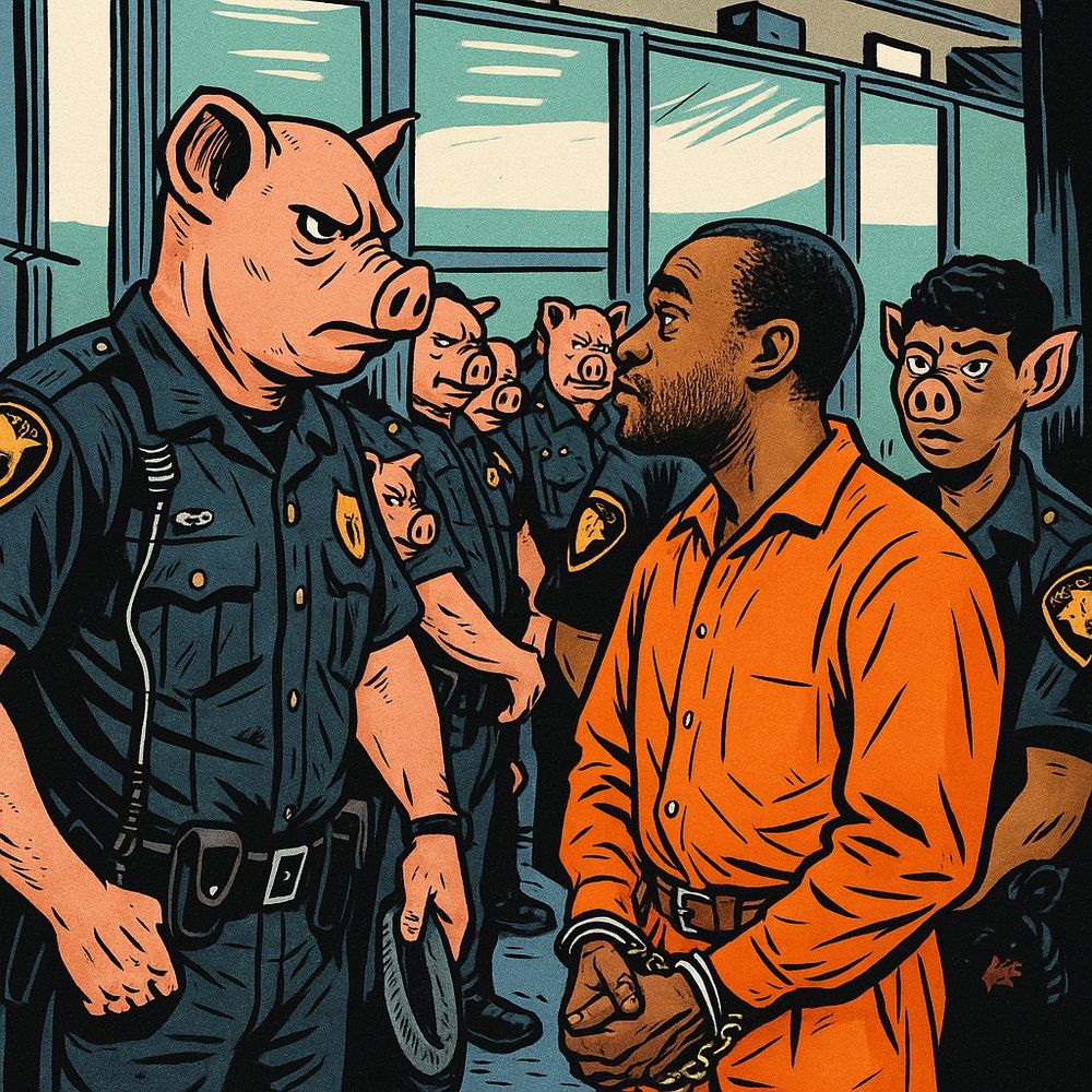 A comic book style image, of Rodney Hinton jr surrounded by cops with literal pig faces it's created with artificial intelligence