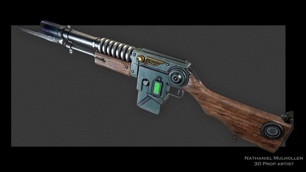 A warhammer 40K angled render, wooden grips, and a grey background.