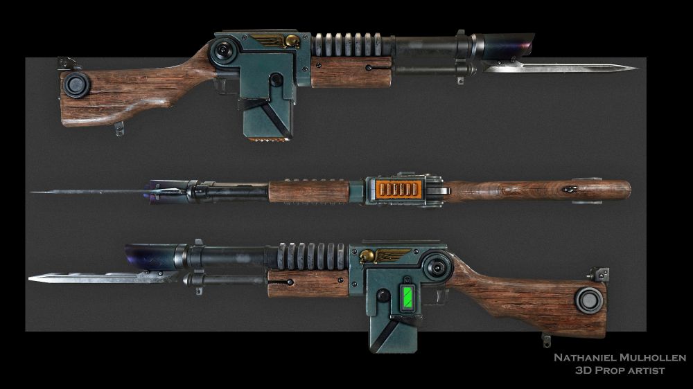 A warhammer 40K Lasgun, both side profiles and a bottom profile. Slightly stylized. 3D render.