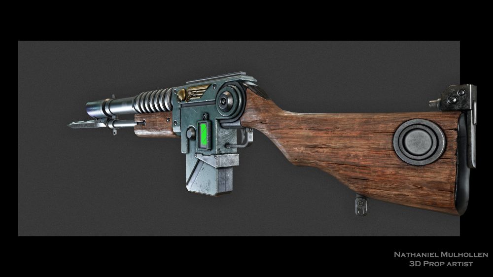 Angled render of a 40K lasgun, showing off the sculpted wood on the back.