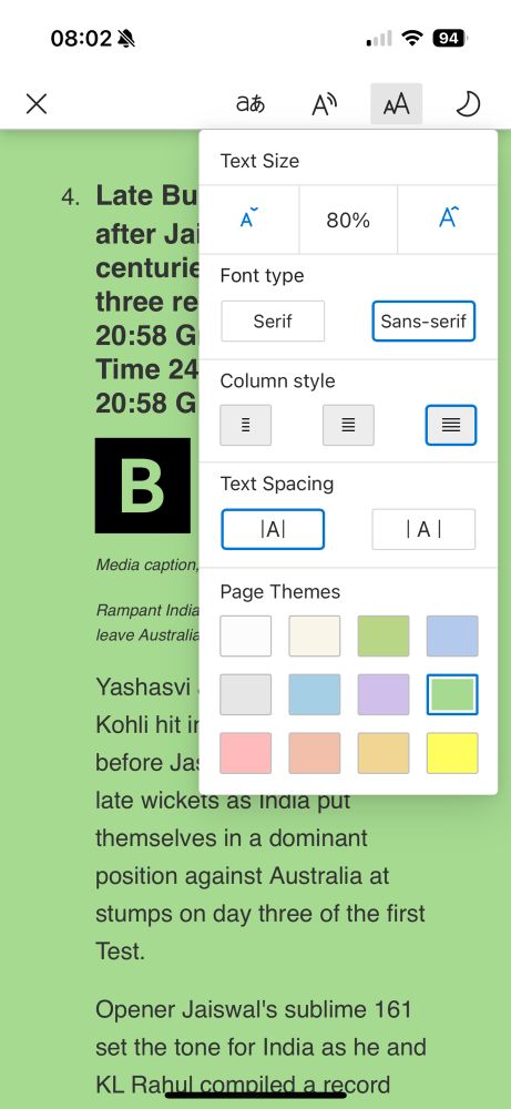BBC sport page viewed in reader mode.  Menu exposed to show acc settings and irlen colours 