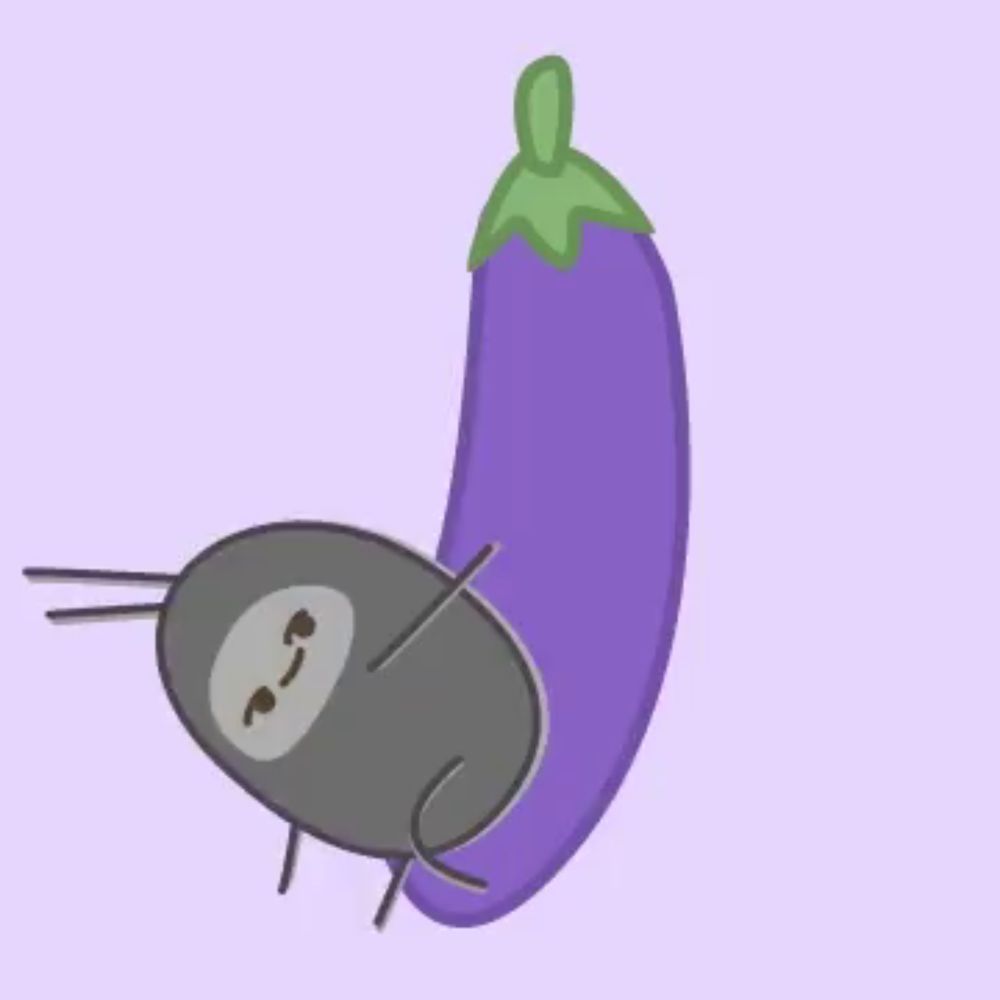 a cartoon sloth is laying next to a purple eggplant .