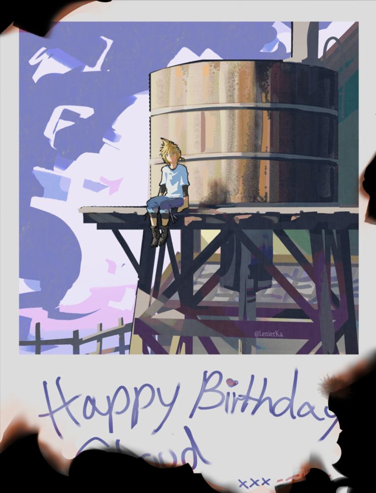 a drawing of a teenage Cloud Strife sitting on the Nibelheim watertower. it's framed like a polaroid picture, the edges of the polaroid have been burned with some of the written text made unclear due to the burn the visible text says "Happy Birthday" in hand written font and then the unclear text seems to read "Cloud" then next to is are three kisses signed with a name that strts with T. 