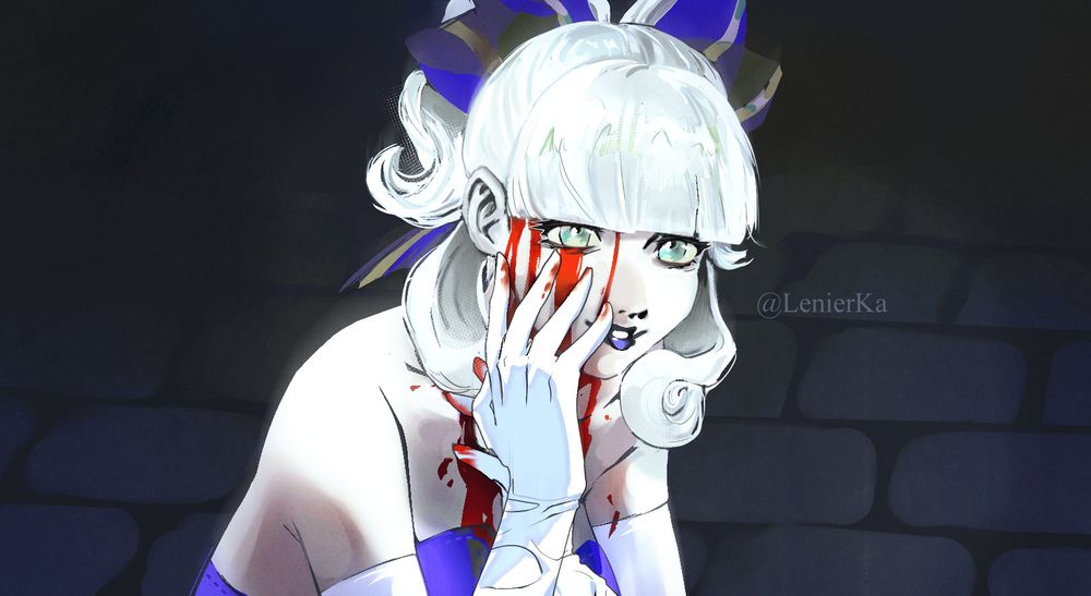 Maria redrawn from a frame of a famous shot of the movie 'Perfect blue'. Blood is dripping down her face, she adorns a blue dress and creepy smile.