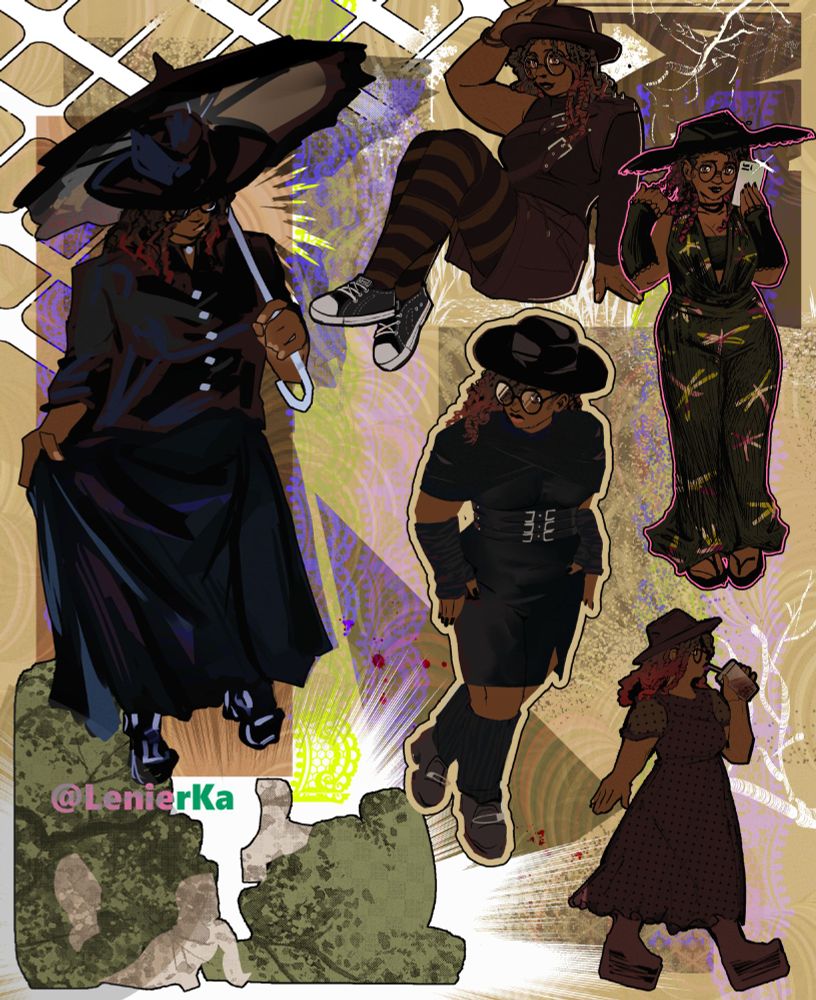 The character Kaneeka from Scarlet Hollow. She is drawn in various outfits in collage form.