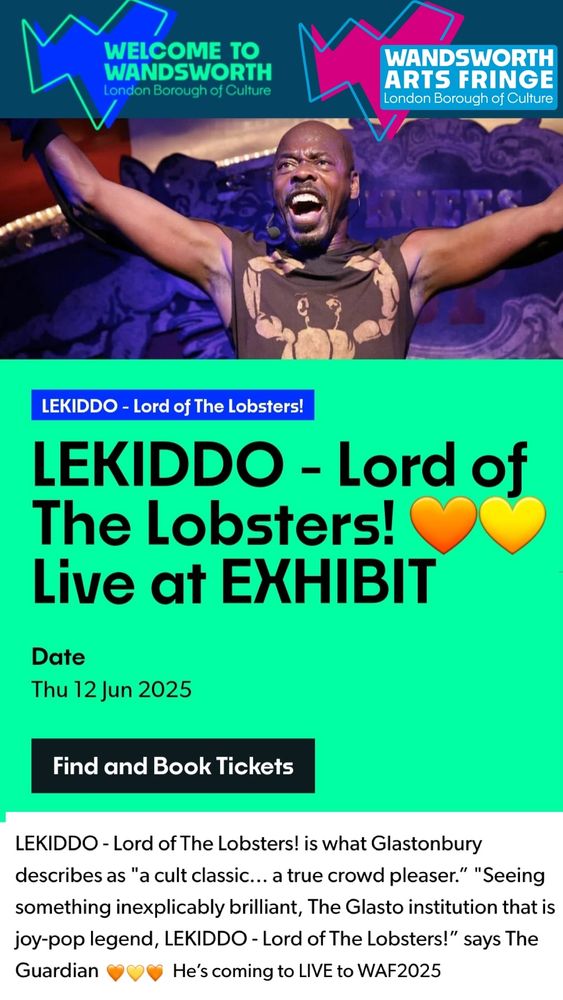 😍 G'morning Cerys @cerysmatthews
Love to see you again at #LBOC2025
LEKIDDO - Lord of The Lobsters!
Thurs 12June2025 🧡  EXHIBIT, Balham 7.30pm 
Part of the prestigious #LondonBoroughOfCulture2025
🧡 
Info & tickets
https://welcometowandsworth.com/events/g1-lekiddo-lord-of-the-lobsters-live-at-exhibit/
🧡
@welcometowandsworth 
#WAF2025
 Uplifting Joyous Pop
