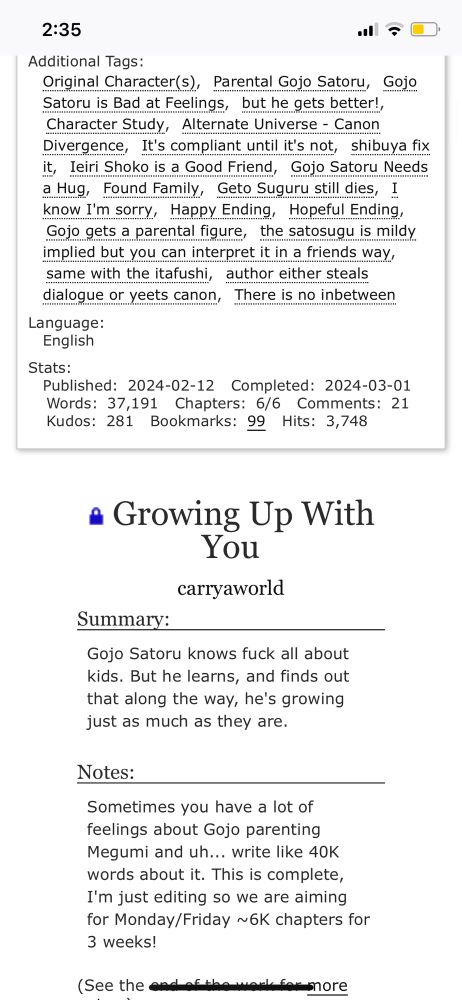 Screencap of the ao3 page for the fic Growing Up With You by carryaworld, link is in following post.
