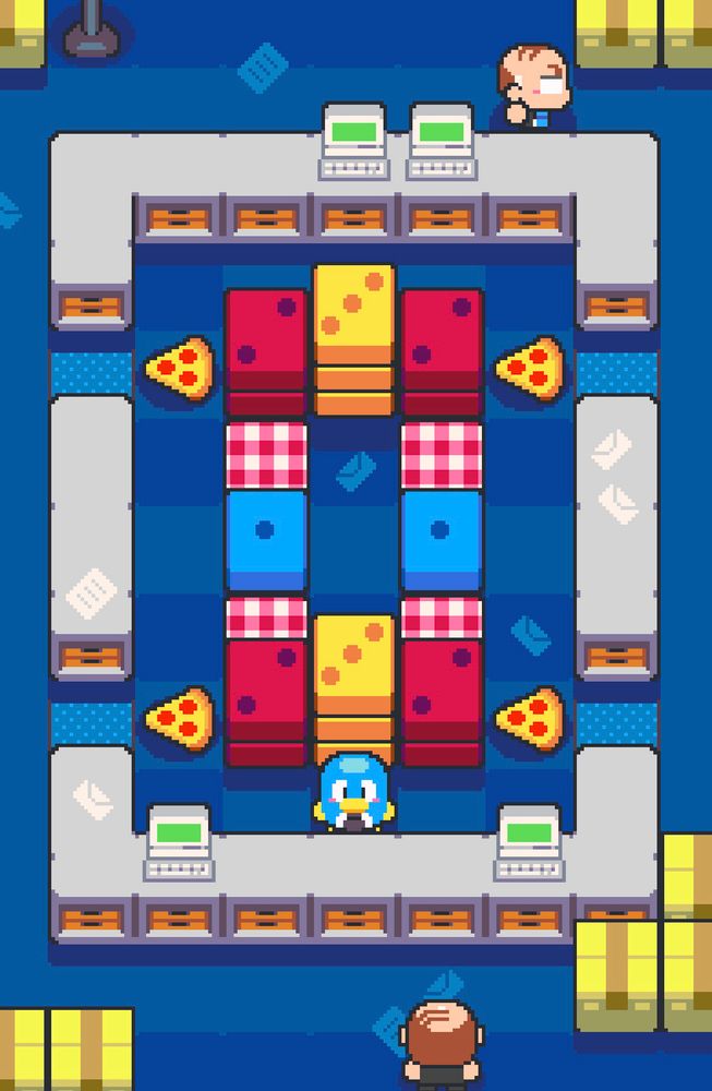 Pixel art of a top-down level in the game Picnic Penguin, which is like Sokoban. A blue penguin stands near the bottom perimeter of grey filing cabinet with a couple of computers and envelopes. Four pizza slices are in the filing cabinet perimeters, one near each corner. There are some dice blocks in the middle and some checkered picnic blanket spots. Two enemies in the form of human employees are outside the filing cabinet perimeter. 
