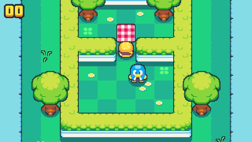 A pixel art screenshot from the Steam version of the game Picnic Penguin by Neutronized. A blue penguin stands on a green checkered ground just below a hamburger and a small picnic blanket.