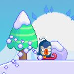 A pixel art screenshot from the game Avalanche by Nitrome. A blue penguin on a sled looks forward with its beak wide open and eyes petrified. The penguin is in front of but between a pointy tree and a short rock, partially covered in snow. 