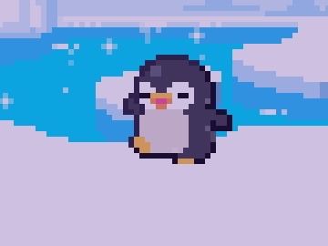 A pixel art screenshot from the game Boing Boing Animals, featuring a penguin landing on one foot after jumping. 