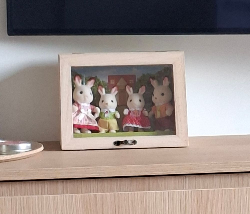 Foto de uma Caixinha de madeira clara com visor transparente. Dentro há 4 bonecos de Coelho sylvanian families, os pais nas pontas e os irmãos no centro