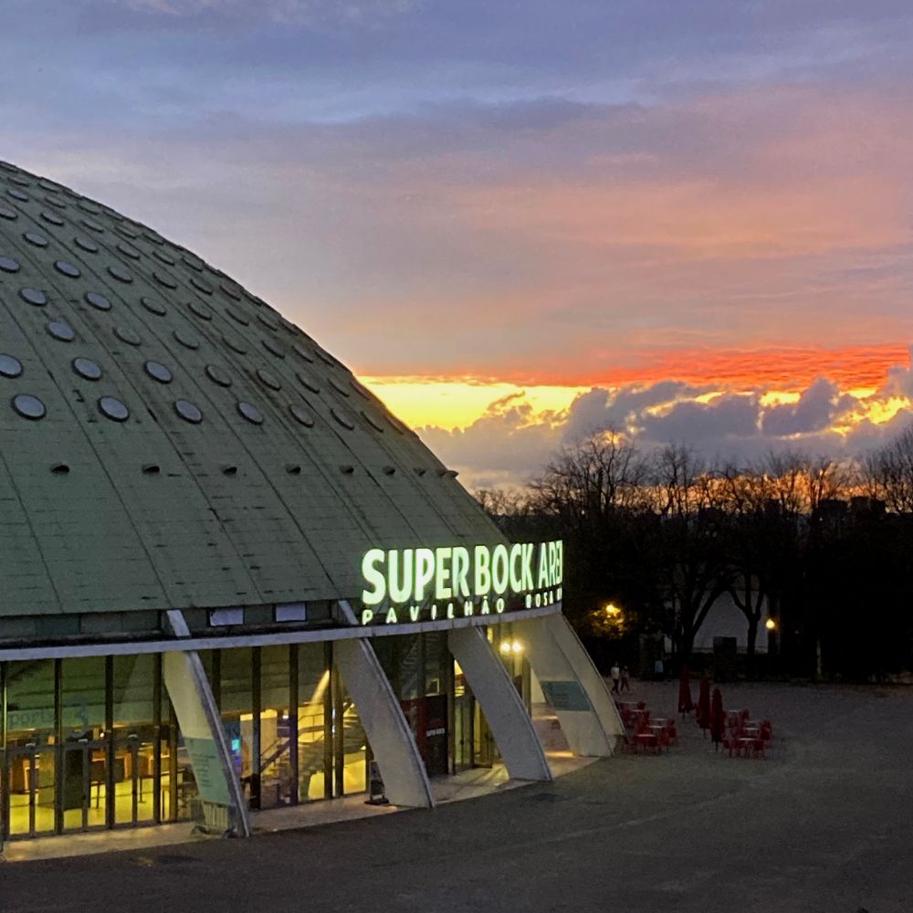 Sunset behind the Super Bock Arena conference center.
