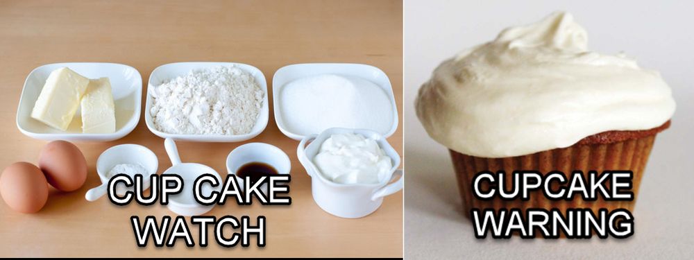 Humorous image comparing a tornado watch to a tornado warning using cupcakes. On the left, labeled 'Cupcake Watch,' are separate ingredients like butter, flour, sugar, and eggs—everything needed to make a cupcake, but not yet combined. On the right, labeled 'Cupcake Warning,' is a fully baked and iced cupcake, symbolizing that the 'cupcake' is now real and present. The image is often shared online to help explain the difference between a tornado watch and a tornado warning in a lighthearted way. Shared in the context of an active tornado watch in Memphis, Tennessee.