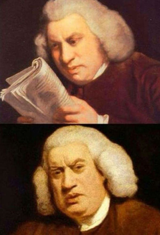 Painting of man in white wig reading some paper, and then looking confused at you 