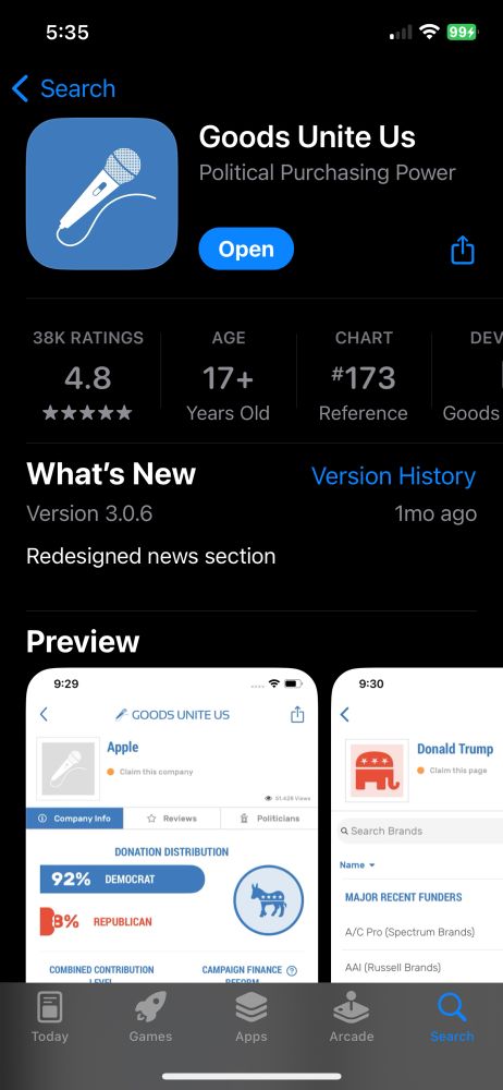 Screenshot of the Goods Unite Us app in the App Store.
