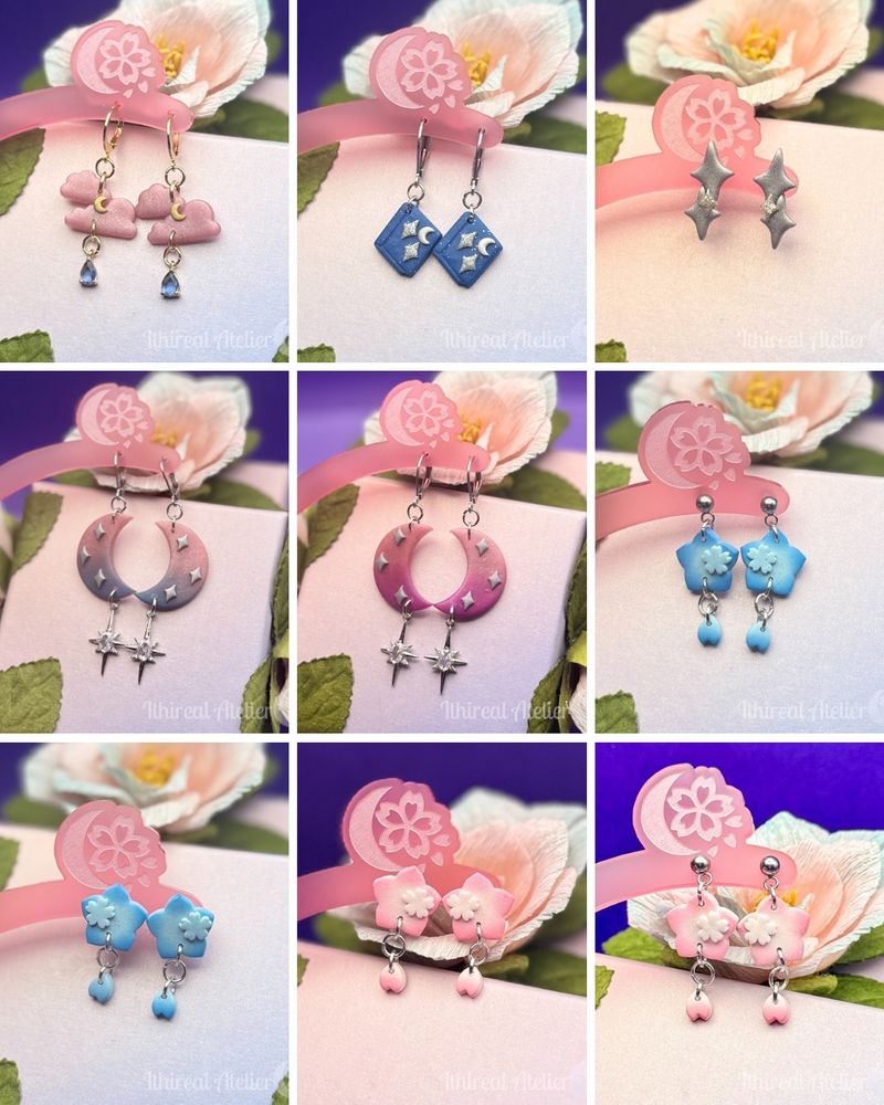 A collage of nine polymer clay earring pictures in different styles.