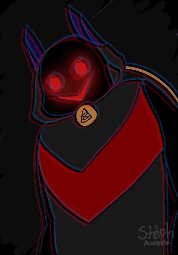 Art of a hooded figure with glowing red eyes. The figure is cloaked in darkness, and the lineart is shaped to give off a 3D effect. Minor aberration, sorry.