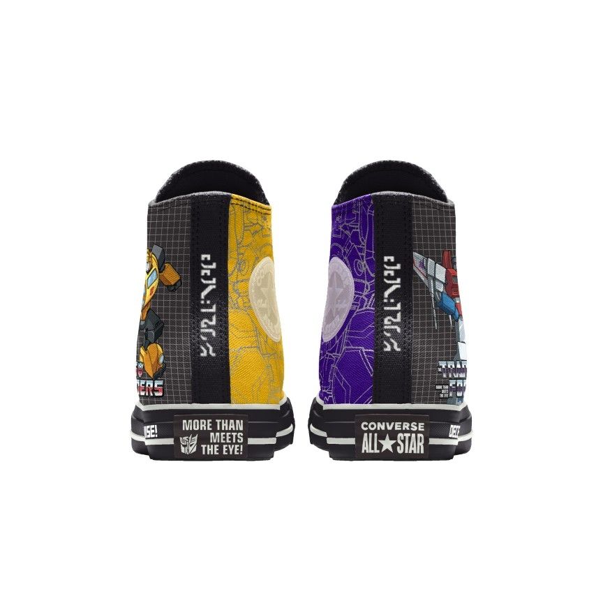 left shoe bumble bee left, black strip, then yellow on the right. Right shoe starscream on the right, black strip, then purple on the left.