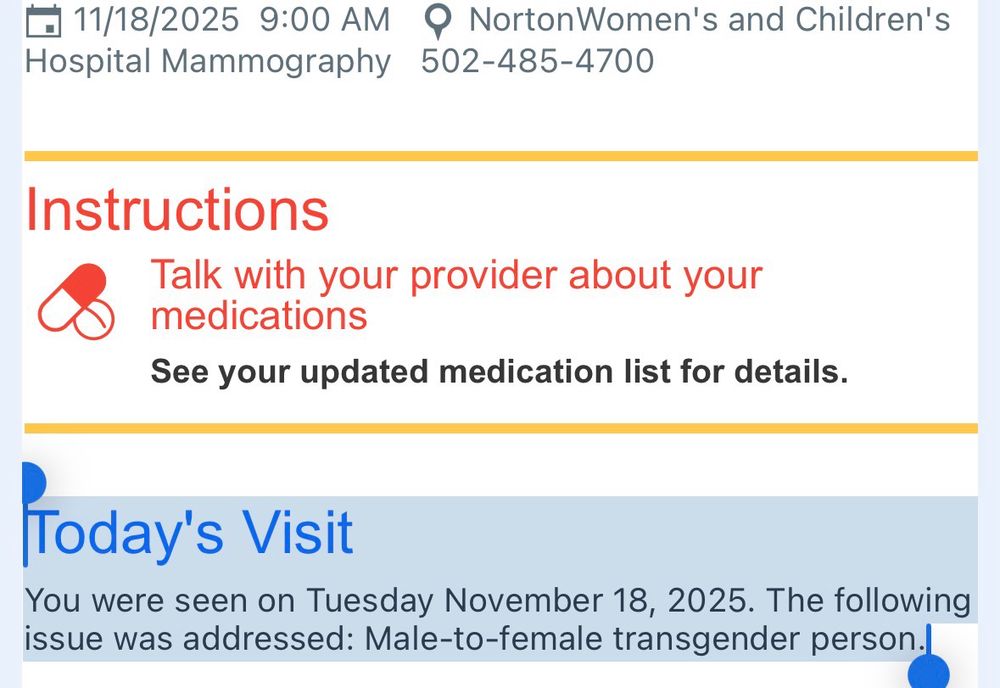 Today's Visit
You were seen on Tuesday November 18, 2025. The following issue was addressed: Male-to-female transgender person.