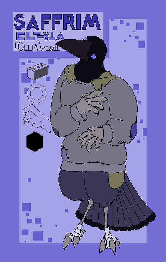 An anthropomorphic magpie wearing a faded blue sweater, as well as a dingy tan collared shirt underneath. A coin pouch of a similar colour to the shirt hangs out from under his sweater. The background behind him has text reading "Saffrim (Celia)", which is echoed in Nonphonetic Zyxilian. Additionally, there are four symbols, denoting his arcane and martial classes.