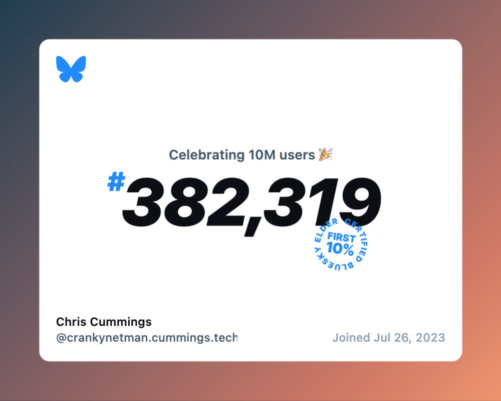 screen capture showing that I am user #382319 of bluesky, and a Certified Bluesky Elder®™©
