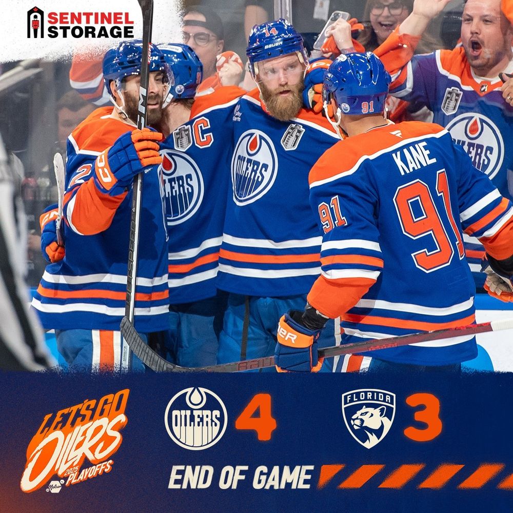 Oilers end of game graphic with a photo of Edmonton celebrating a goal.
Oilers win in OT, 4-3