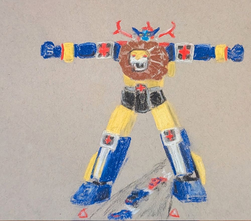 Daltanious the robot doing jumping jacks and controlling an orderly traffic flow