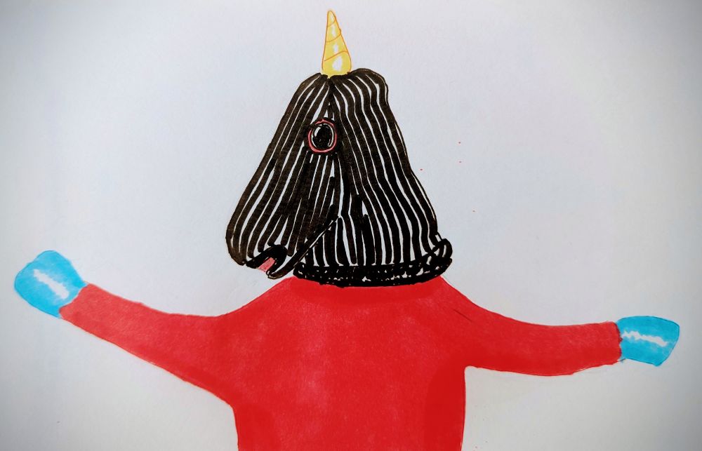 A unicorn wearing a balaclava and complaining about it