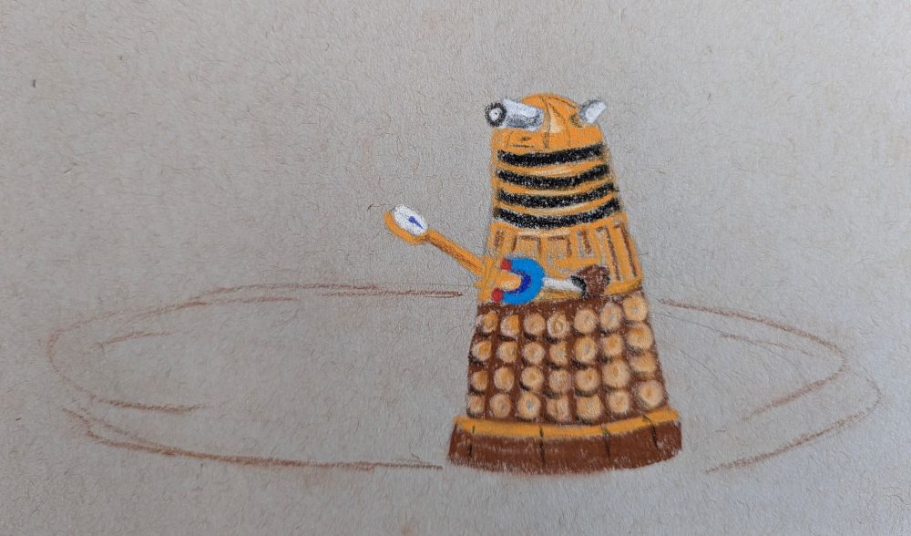 A dalek holding a magnet and a compass trying to find his way