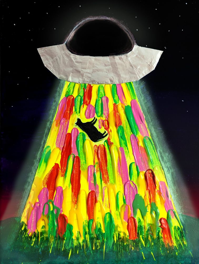 A spaceship is picking up a cow from a hill using a multicoloured ray