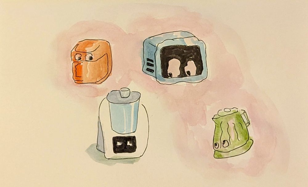 A kitchen robot having nightmares involving past kitchen appliances such as a microwave, a kettle and the terrifying air fryer