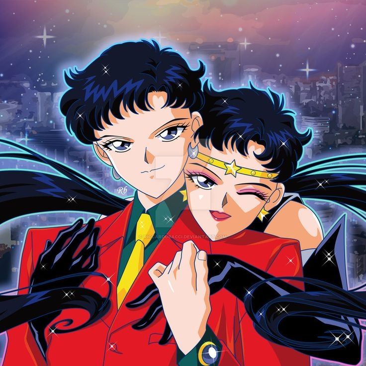 official art of seiya/sailor star fighter in sailor moon s, as her male disguise (short black hair and eyes, wearing a red suit with a dark green shirt and yellow tie, with silver moon earrings) being hugged from behind by her sailor starlight real form (same hair but in a long low ponytail, winking at the camera, wearing makeup, long black gloves and a golden tiara and earrings with star decorations)