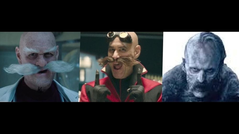 Three images: left: Jim Carrey as Old Robotnik with a big white moustache, centre: Jim Carrey as Younger Robotnik  with a big brown moustache, right: Bill Skarsgard as Count Orlok with a big black moustache.