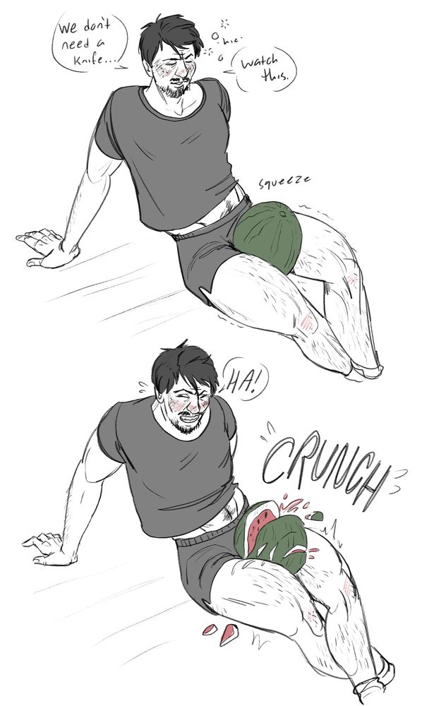 two panels of jean vicquemare, visibly tipsy and wearing little shorts, squeezing a watermelon between his thighs. he says “we don’t need a knife. watch this.” second panel shows him successfully crushing the watermelon open with his thighs
