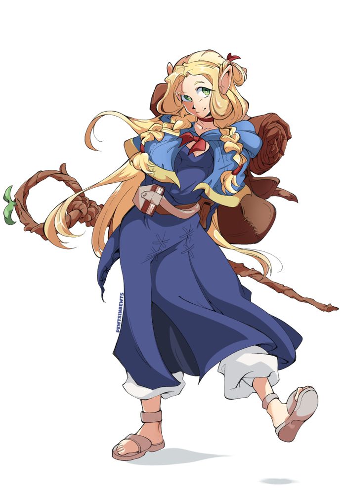 Marcille from Dungeon Meshi on a white backdrop. She's holding her staff behind her back