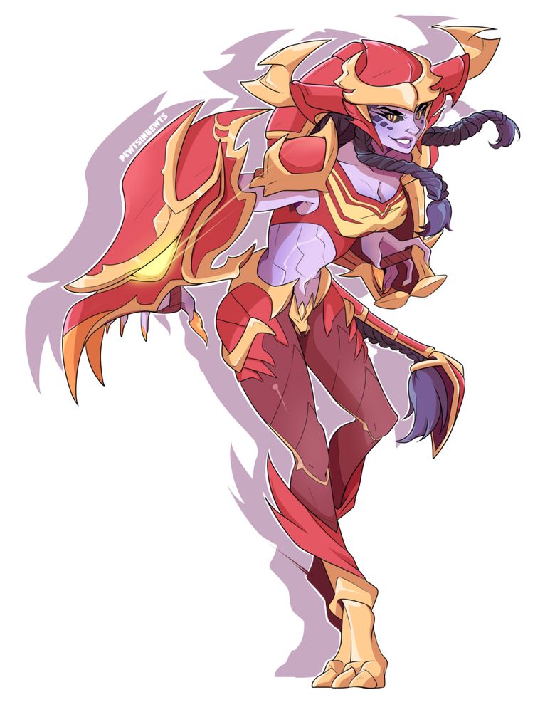 Shyvana from League of Legends in red armor, she has gauntlets on and appears to be running towards the viewer