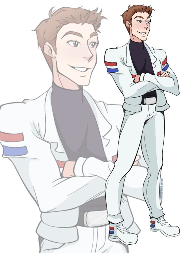 Digital drawing of a man with short dark brown hair in a mostly white uniform with red and blue accents and a turtleneck. He's smiling with his arms crossed. 