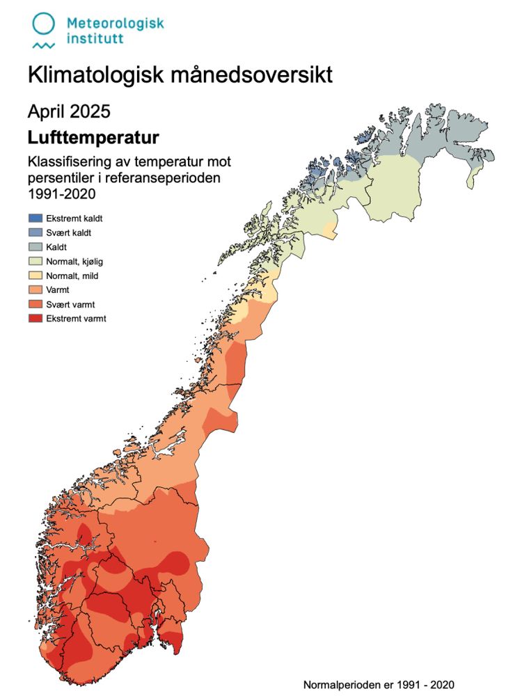 Kart over Noreg som syner korleis temperaturen vart i april i snitt og opp mot normalen.