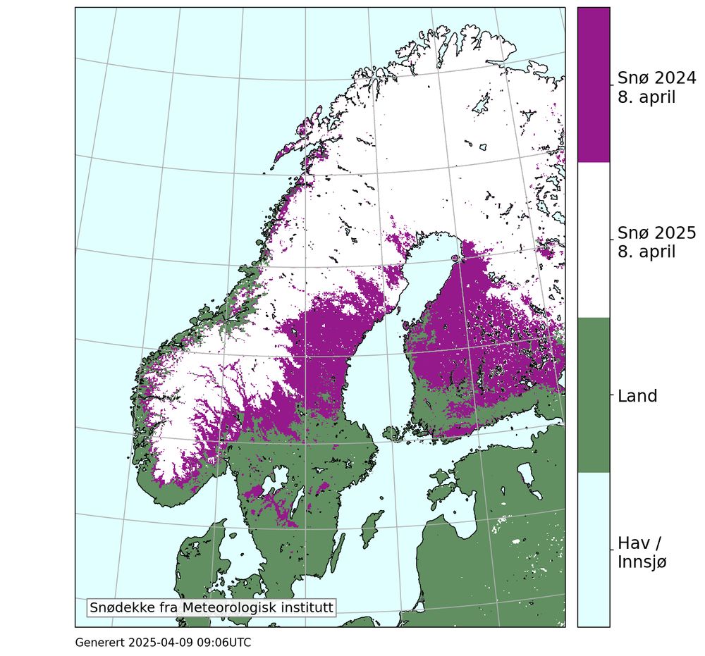 Kartet viser snødekket i Skandinavia 8. april i år (hvit farge) og samme dato for 2024 (lilla farge). Store arealer i den sørlige delen av Skandinavia er market med lilla, hvilket forteller at vi har et langt mindre snødekke nå enn til samme tid i fjor. Snødataene er basert på satellittobservasjoner gjort med AVHRR-instrumentet. Se oppdaterte snøkart på https://cryo.met.no/nb/snoe