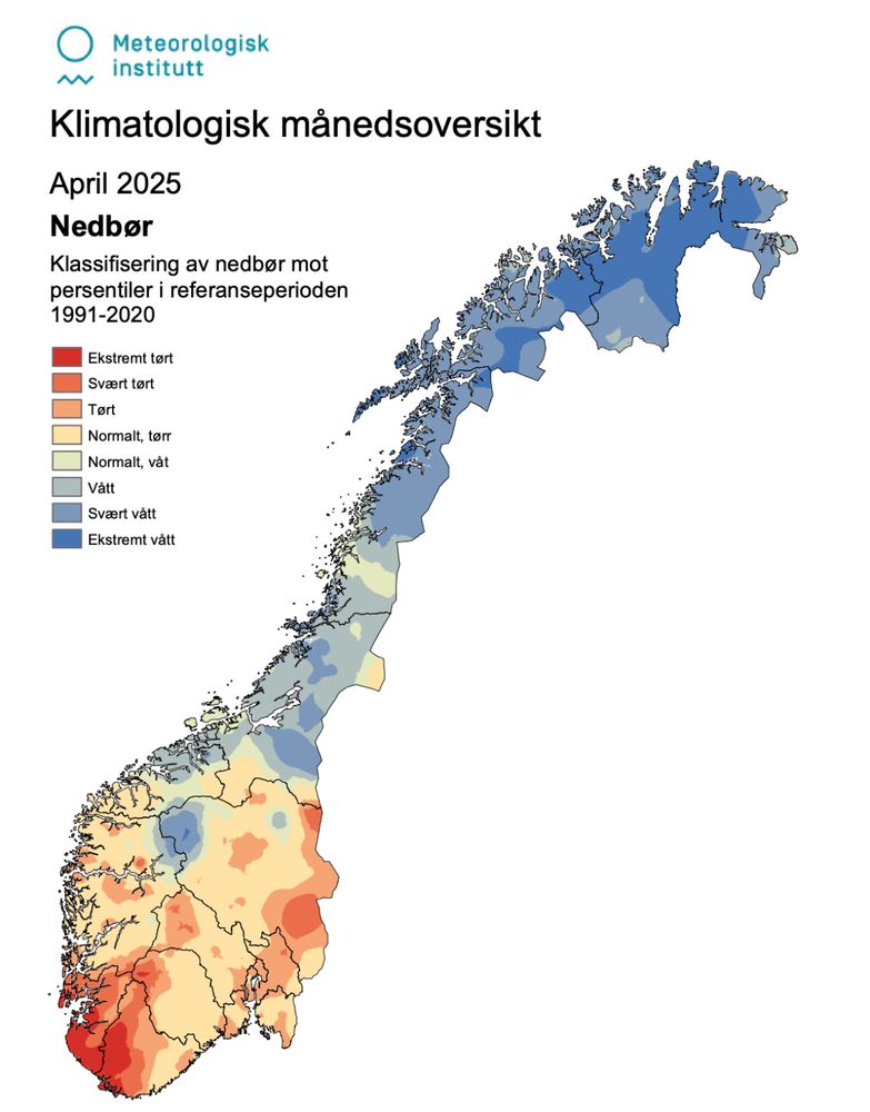 Kart over Noreg som syner korleis nedbøren vart i april i snitt og opp mot normalen.
